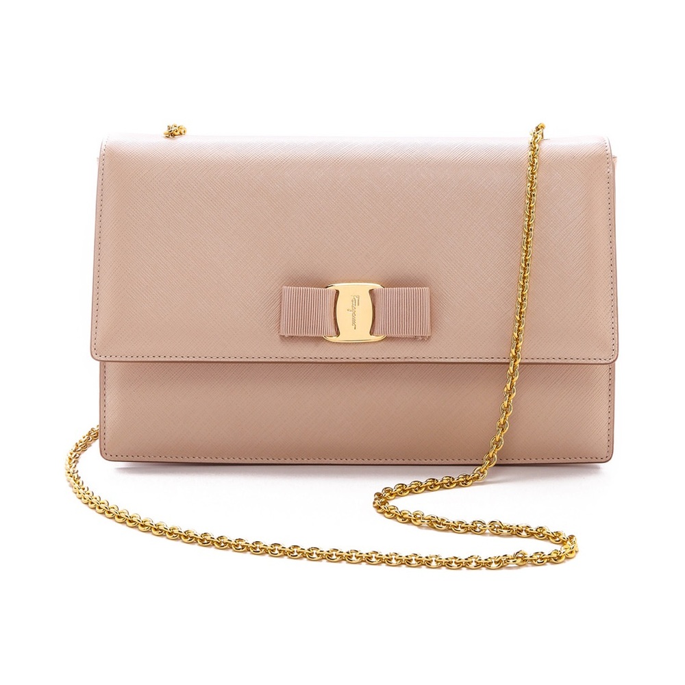 Salvatore Ferragamo Saffiano Leather Bow Chain Ginny Shoulder Bag Beige Pink